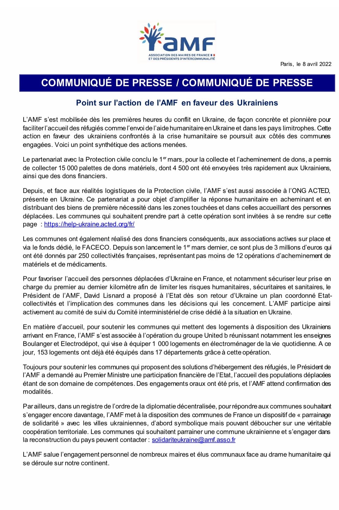 Point sur l'action de l'AMF en faveur des Ukrainiens
