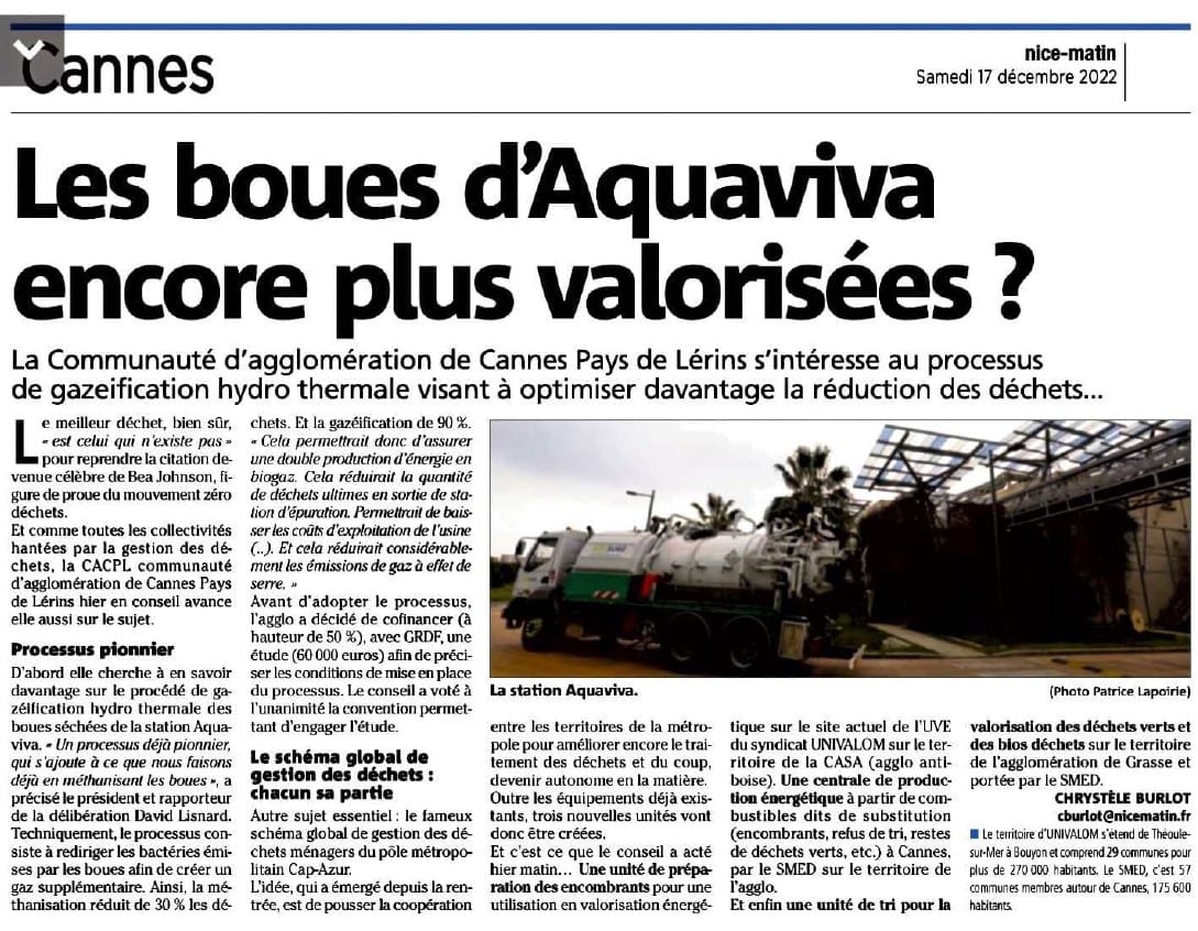 L'Agglo Cannes Lérins va créer une unité de gazéification hydrothermale pour produire de l’hydrogène et du biométhane