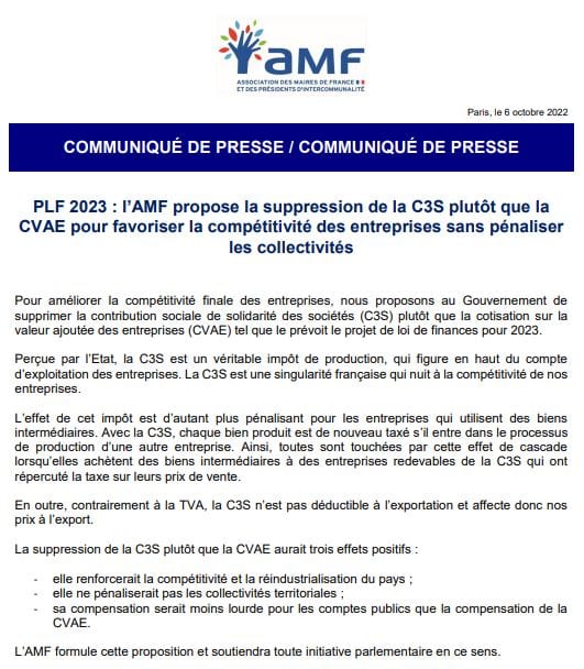 L'AMF propose la suppression de la C3S plutôt que la CVAE pour favoriser la compétitivité des entreprises sans pénaliser les collectivités