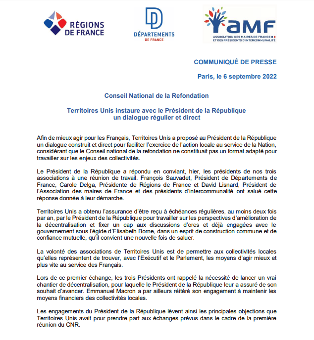 Territoires Unis instaure avec le Président de la République un dialogue régulier et direct