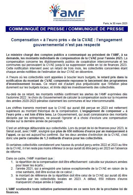 Compensation à "l'euro près" de la CVAE : l'engagement gouvernemental n'est pas respecté