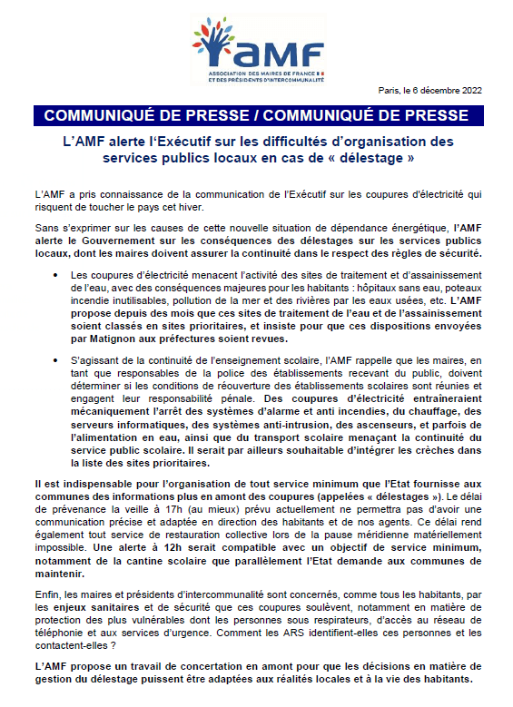 Crise énergétique : depuis plusieurs mois, l'AMF alerte l'Exécutif sur les difficultés d'organisation des services publics locaux, dont l'accès à l'eau potable, en cas de "délestage"
