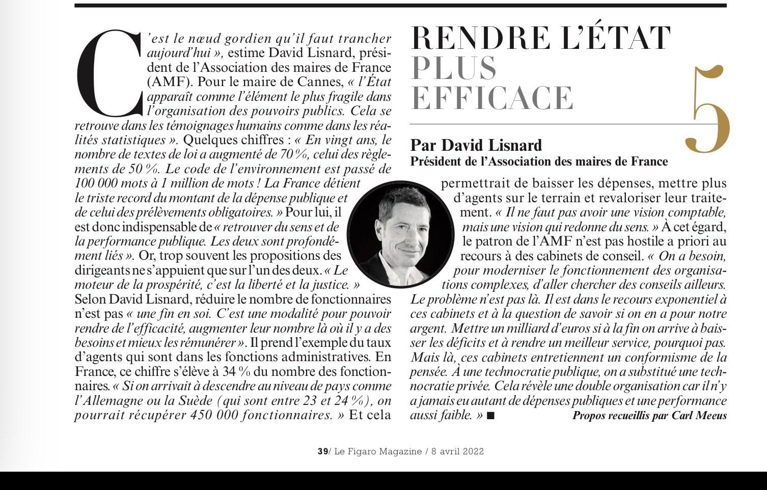 "Rendre l'Etat plus efficace" : une interview de David Lisnard pour Le Figaro Magazine