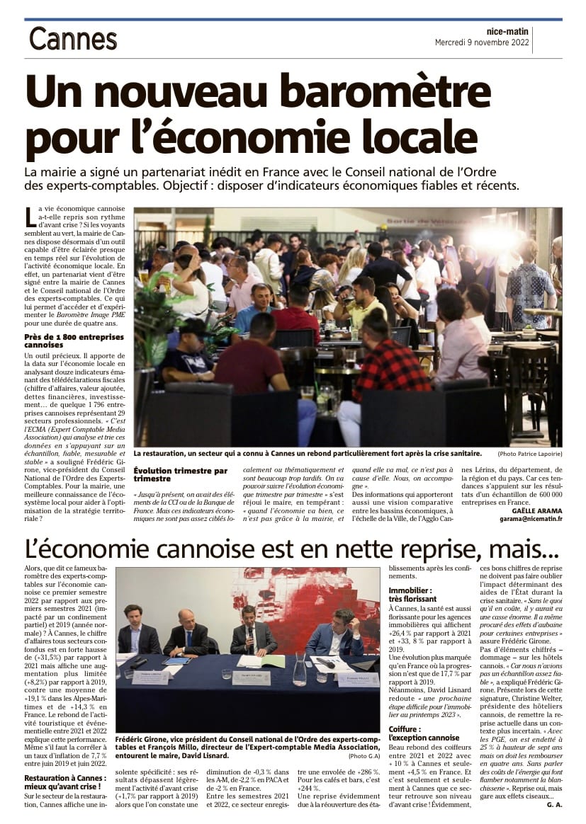 La Mairie de Cannes se dote d’un outil innovant à l’échelle nationale sur le suivi rapide et l’analyse de l’activité économique, en coopération avec le Conseil National de l’Ordre des Experts-Comptables