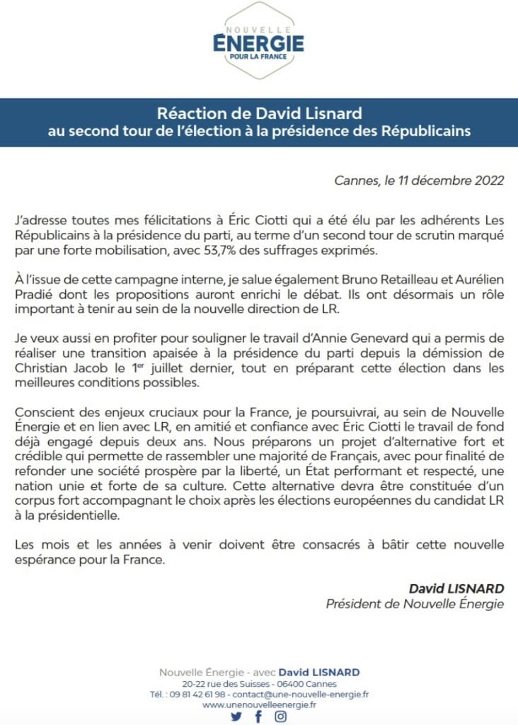 David Lisnard réagit au second tour de l'élection à la présidence des Républicains — illustration 1