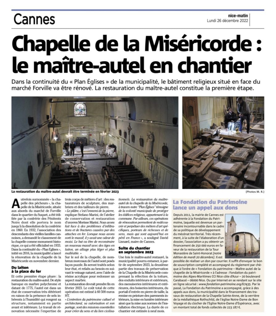 Cannes : le maître-autel de la chapelle de la Miséricorde en chantier — illustration 1