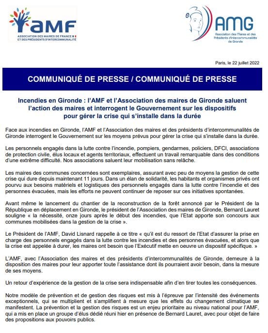 Incendies en Gironde : l’AMF et l’Association des maires de Gironde saluent l’action des maires et interrogent le Gouvernement sur les dispositifs pour gérer la crise qui s’installe dans la durée