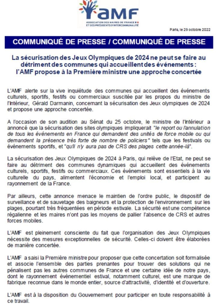 La sécurisation des JO 2024 ne peut se faire au détriment des communes qui accueillent des événements : l'AMF propose à la Première ministre une approche concertée — illustration 1