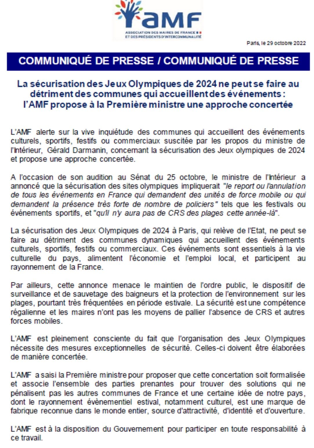 La sécurisation des JO 2024 ne peut se faire au détriment des communes qui accueillent des événements : l'AMF propose à la Première ministre une approche concertée