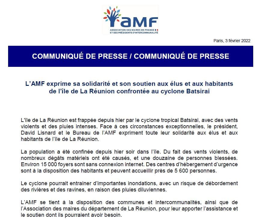 L'AMF exprime sa solidarité et son soutien aux élus et habitants de La Réunion confrontée au cyclone Batsirai