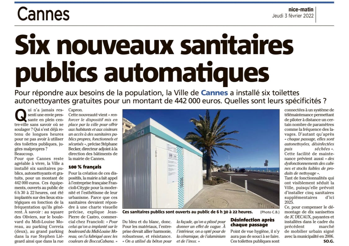 Cannes : six nouveaux sanitaires publics automatiques