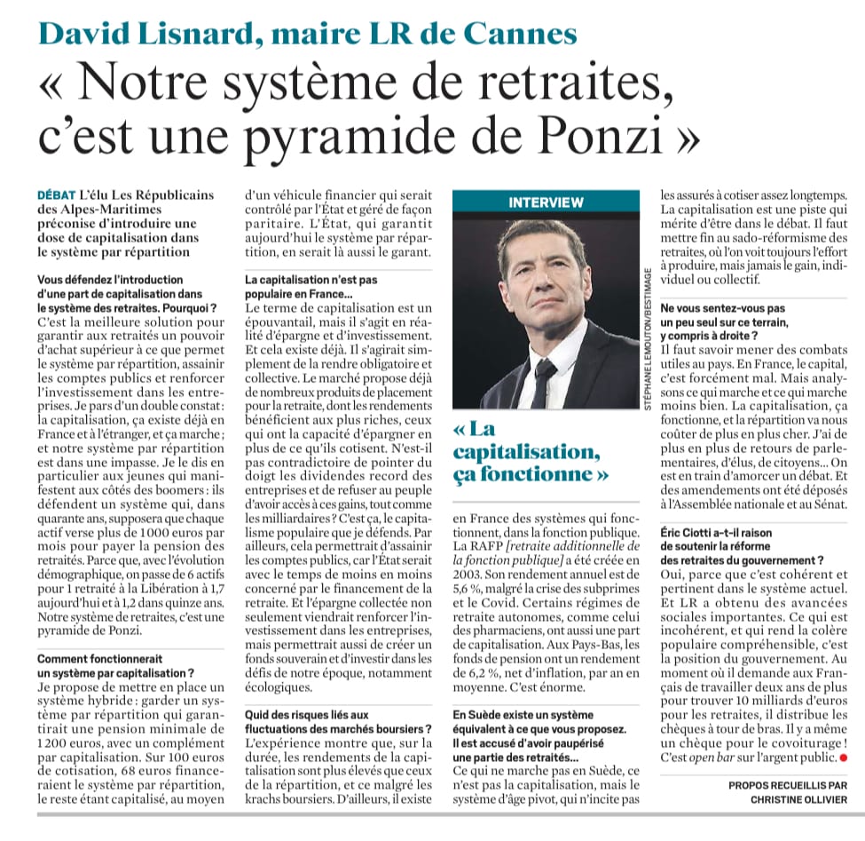 "Notre sytème de retraites, c'est une pyramide de Ponzi", David Lisnard pour Le JDD