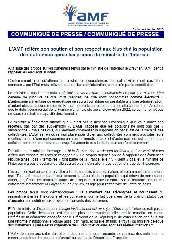 L’AMF réitère son soutien et son respect aux élus et à la population des outremers après les propos du ministre de l’Intérieur