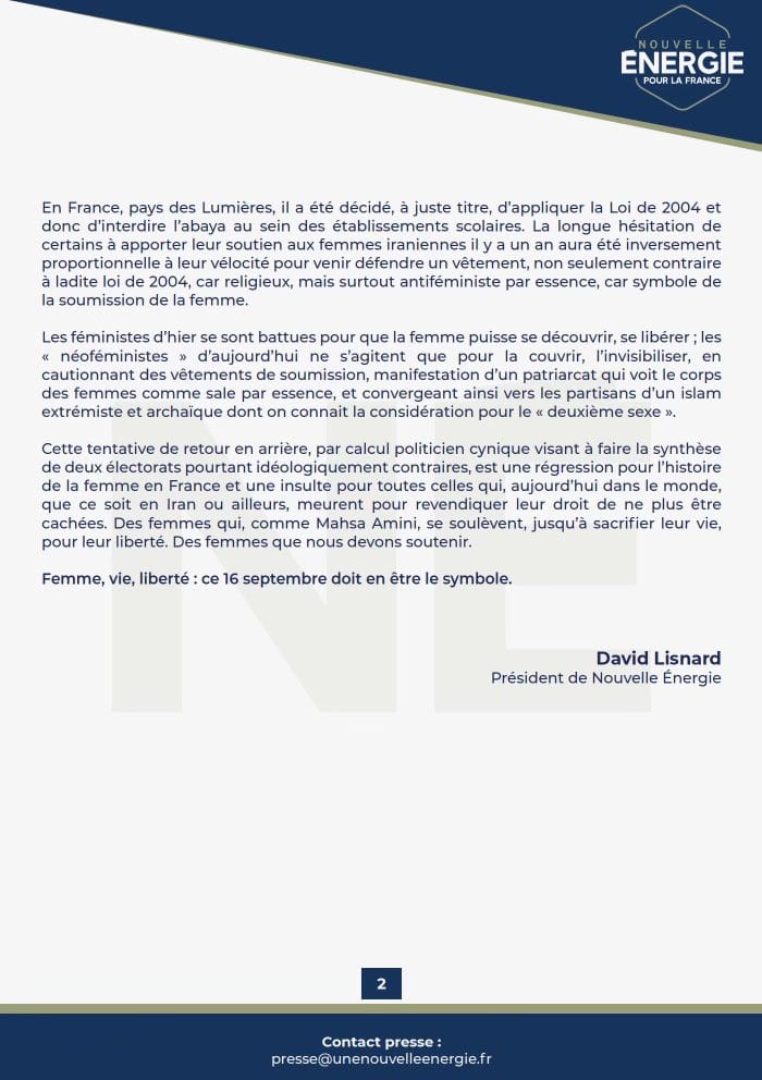 David Lisnard rend hommage à Mahsa Amini, jeune iranienne tuée le 16 septembre 2022 pour avoir revendiqué son refus de la soumission — illustration 1