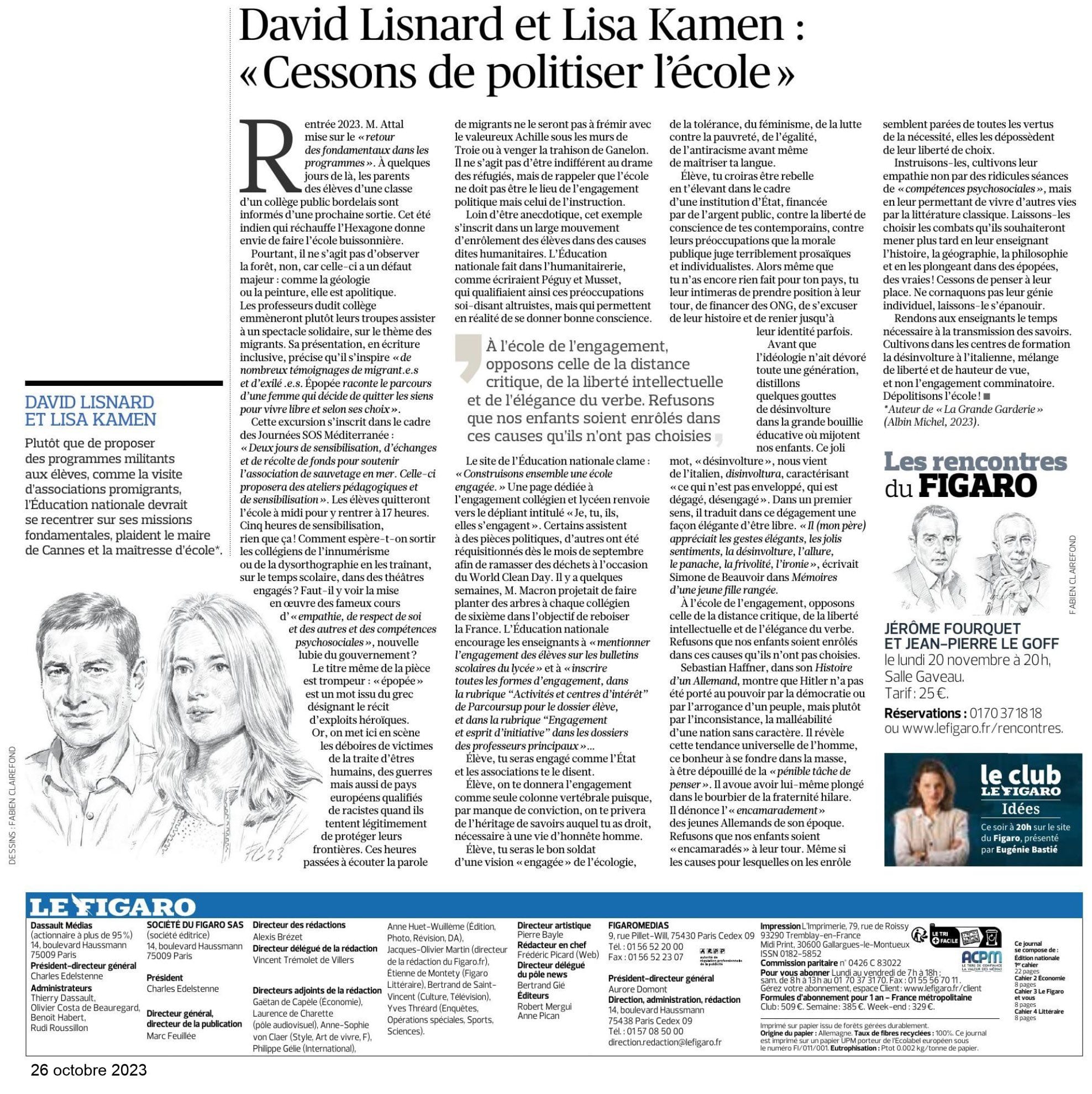 "Cessons de politiser l'école" : une tribune de David Lisnard et Lisa Kamen pour Le Figaro