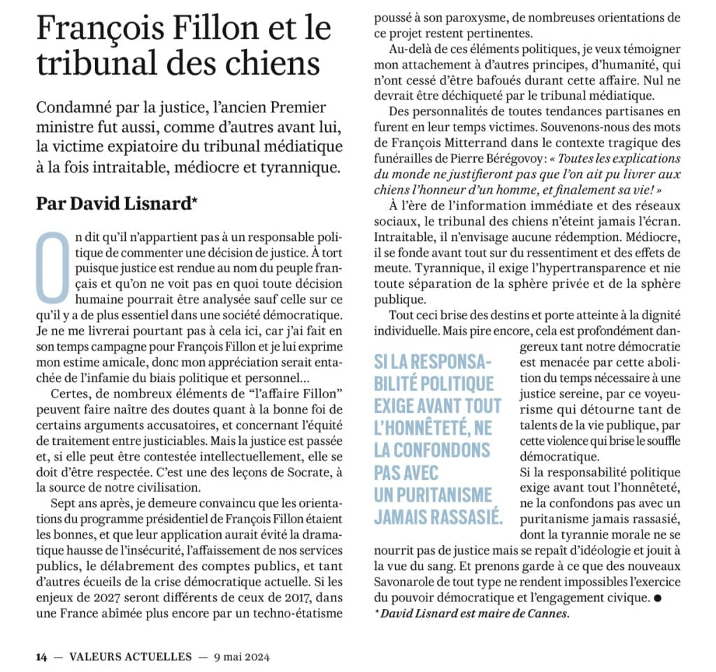« Fillon et le tribunal des chiens » : retrouvez l’édito de David Lisnard dans Valeurs Actuelles — illustration 1