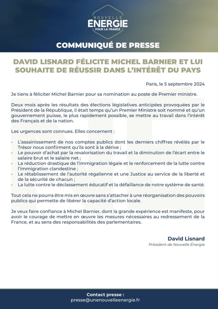 David Lisnard félicite Michel Barnier et lui souhaite de réussir dans l'intérêt du pays — illustration 1