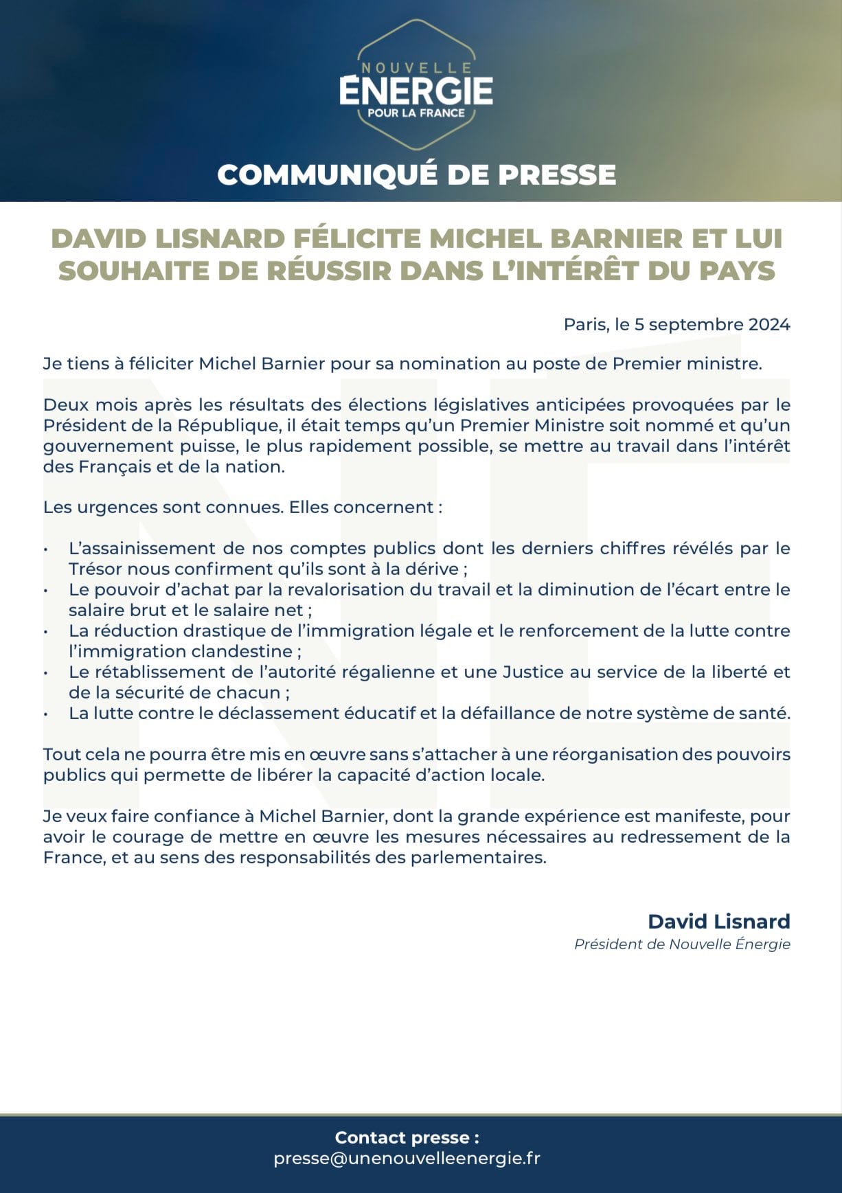 David Lisnard félicite Michel Barnier et lui souhaite de réussir dans l'intérêt du pays