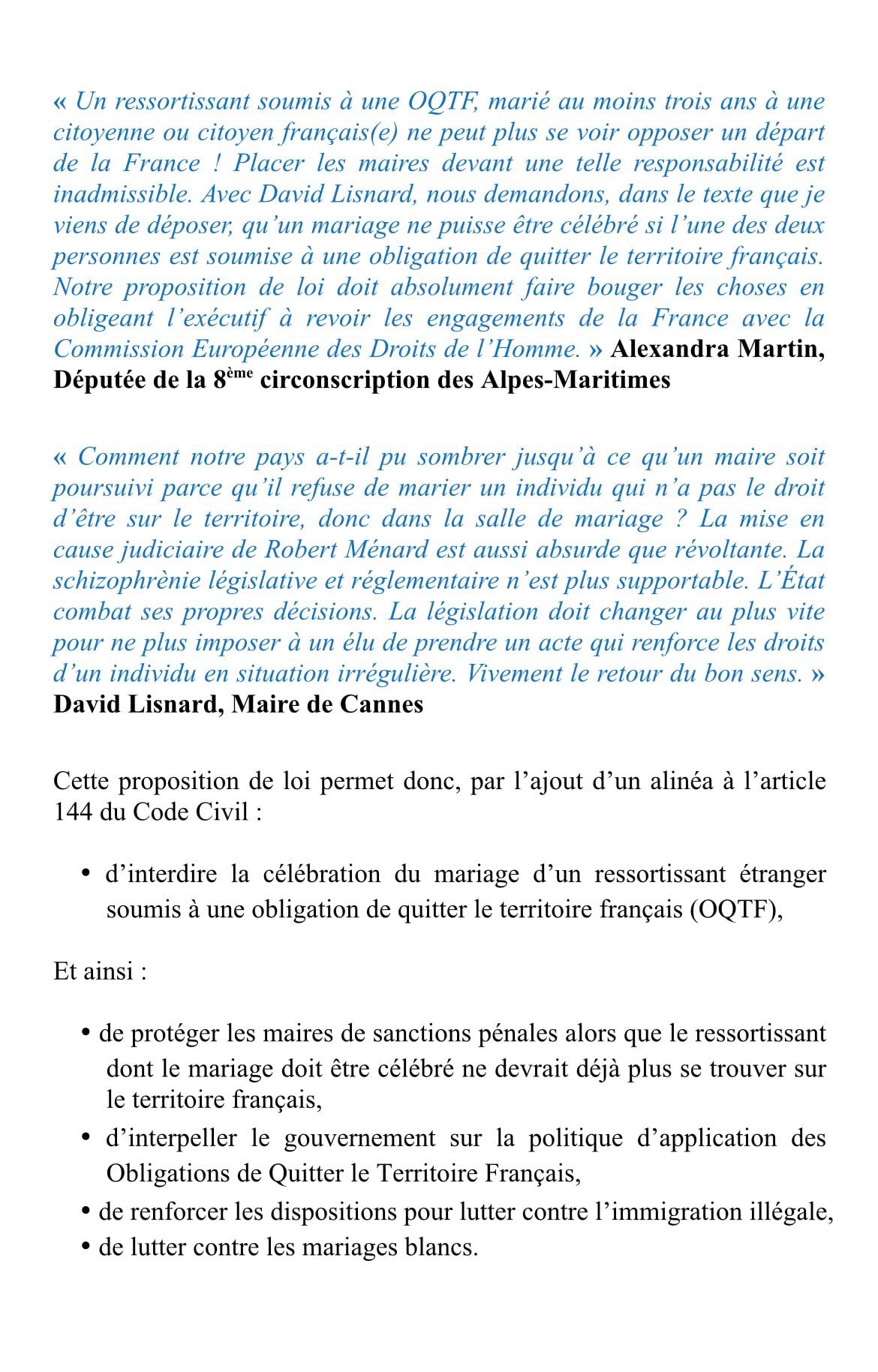 Alexandra Martin et David Lisnard re-déposent un texte pour interdire les célébrations des mariages des ressortissants étrangers soumis à une obligation de quitter le territoire français — illustration 1