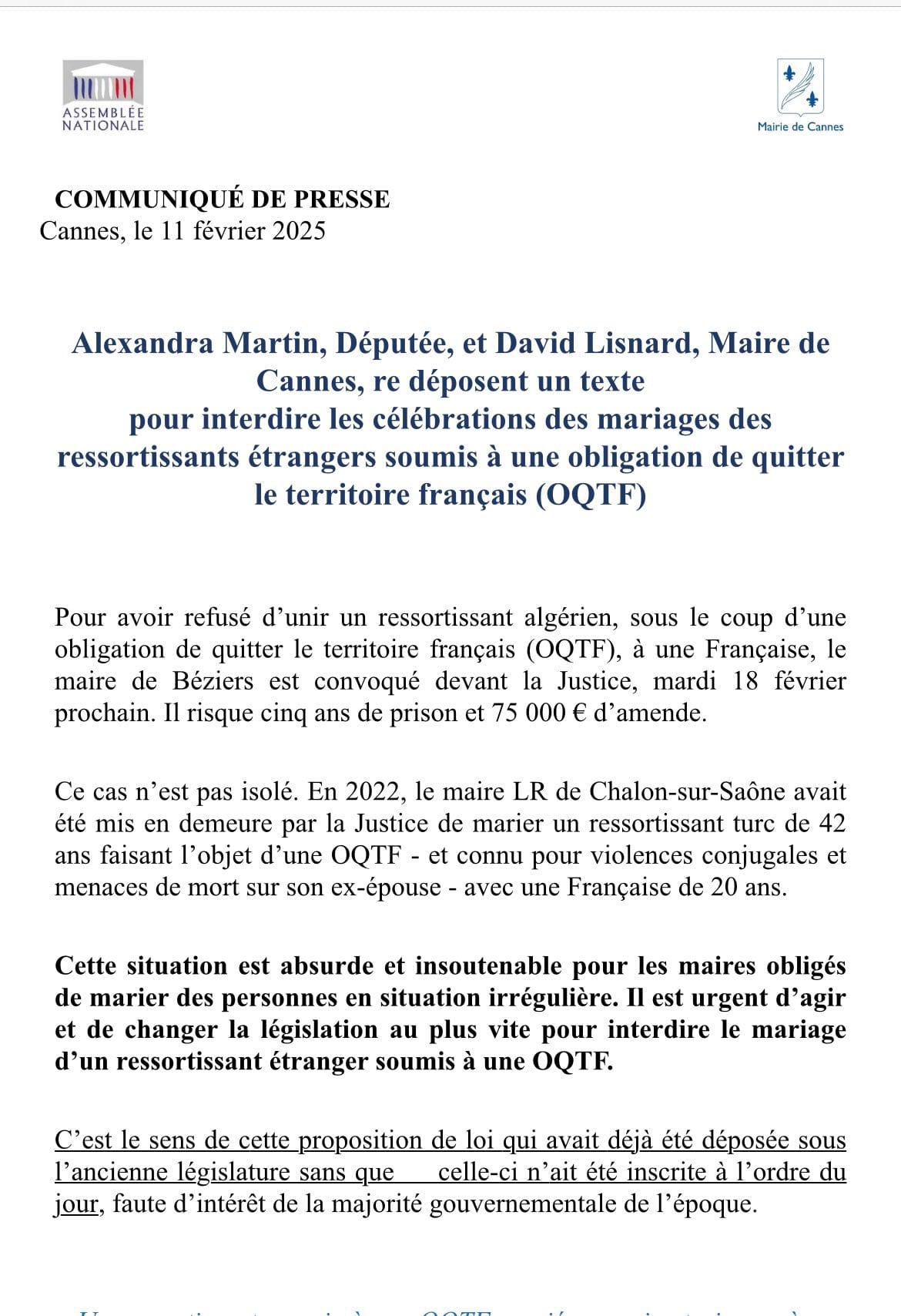 Alexandra Martin et David Lisnard re-déposent un texte pour interdire les célébrations des mariages des ressortissants étrangers soumis à une obligation de quitter le territoire français — illustration 1
