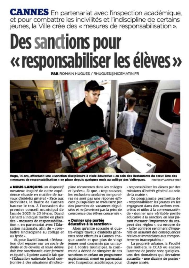 La Mairie de Cannes fera effectuer, en accord avec l’Éducation Nationale, des Travaux d’Intérêt Général aux élèves perturbateurs sanctionnés en conseil de discipline — illustration 1