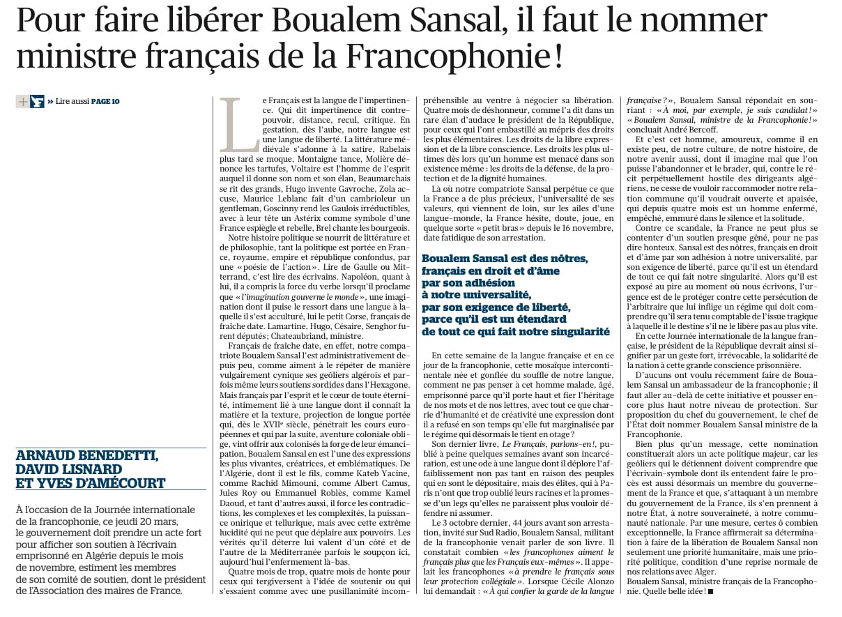 Pour faire libérer Boualem Sansal, il faut le nommer ministre français de la Francophonie ! — illustration 1