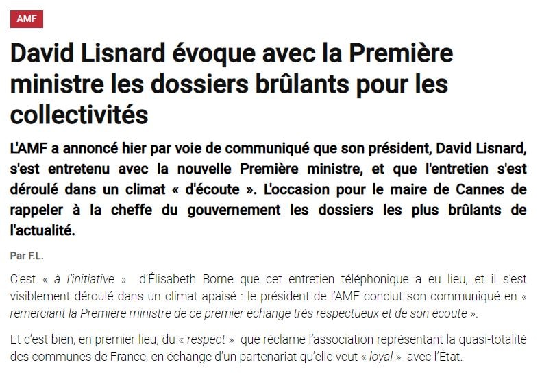 AMF : David Lisnard évoque avec la Première ministre les dossiers brûlants pour les collectivités — illustration 1