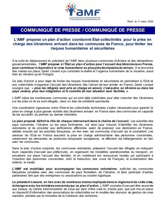 Ukraine : l'AMF propose un plan d'actions Etat-collectivités efficace pour l'accueil des réfugiés — illustration 1