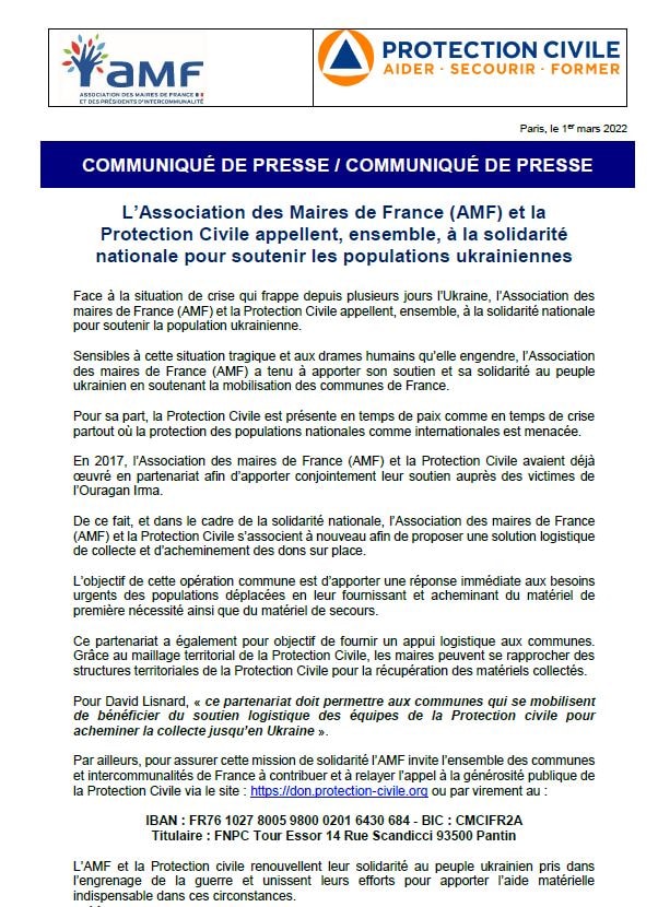 L'AMF et la Protection Civile appellent, ensemble, à la solidarité nationale pour soutenir les populations ukrainiennes — illustration 1