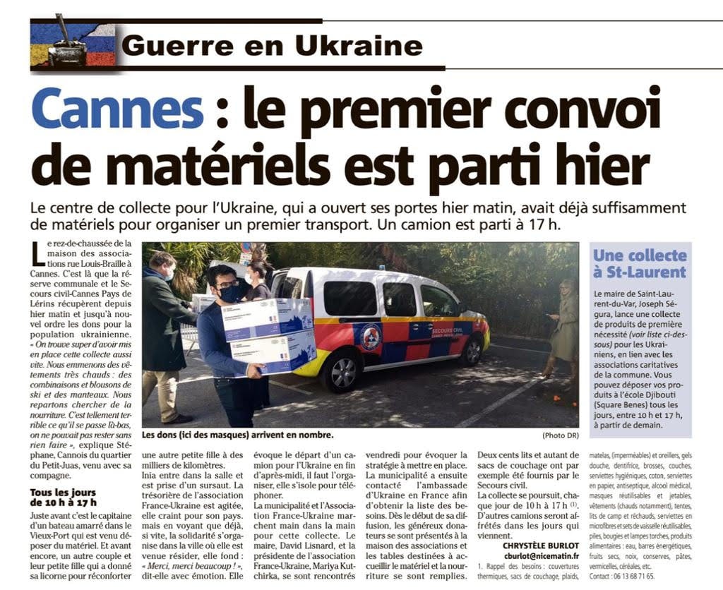 Nice-Matin revient sur le lancement de la collecte et le départ du premier convoi cannois pour l'Ukraine — illustration 1