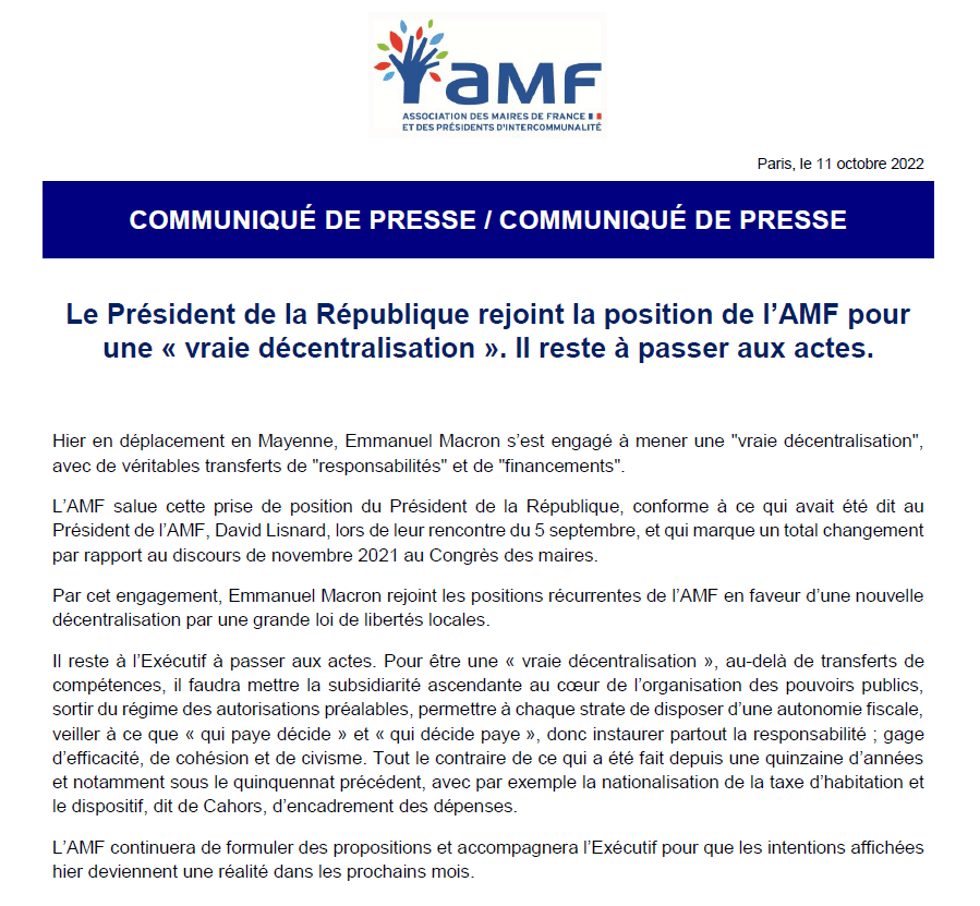 Le président de la République rejoint la position de l'AMF pour une "vraie décentralisation" — illustration 1