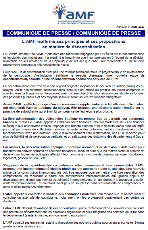 L'Association des Maires de France réaffirme ses principes et ses propositions en matière de décentralisation — illustration 1