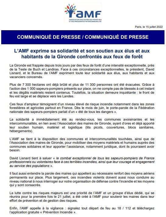 Incendies en Gironde : l’AMF exprime sa solidarité et son soutien aux élus et aux habitants — illustration 1