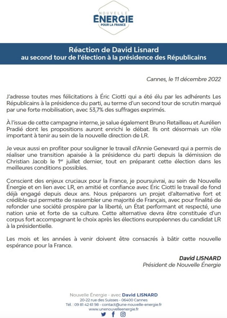 David Lisnard réagit au second tour de l'élection à la présidence des Républicains — illustration 1