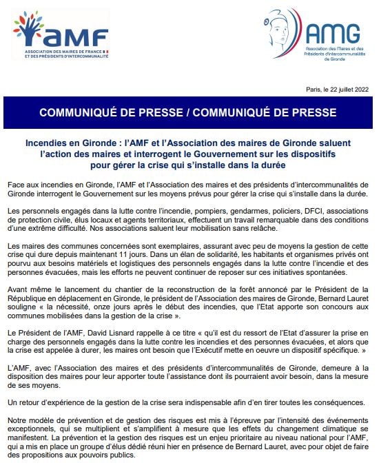Incendies en Gironde : l’AMF et l’Association des maires de Gironde saluent l’action des maires et interrogent le Gouvernement sur les dispositifs pour gérer la crise qui s’installe dans la durée — illustration 1