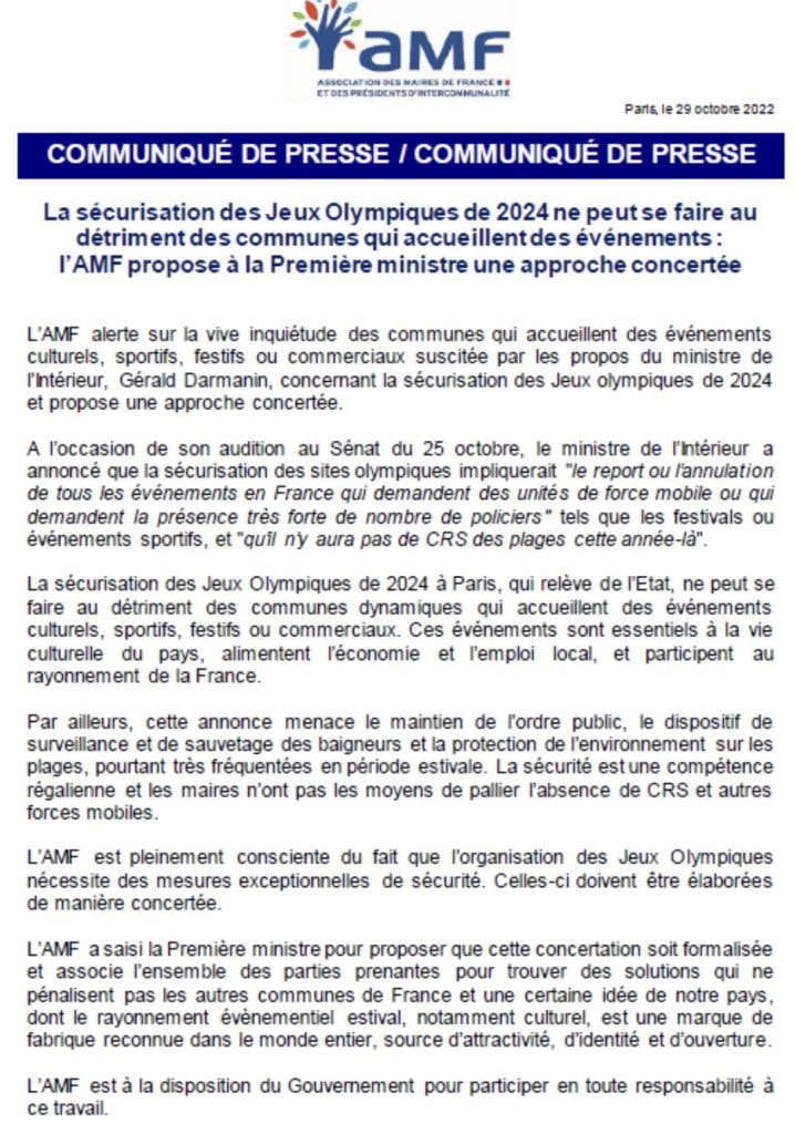 La sécurisation des JO 2024 ne peut se faire au détriment des communes qui accueillent des événements : l'AMF propose à la Première ministre une approche concertée — illustration 1