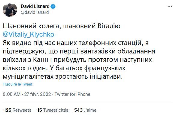 David Lisnard confirme au maire de Kiev l'arrivée des premiers camions cannois — illustration 1