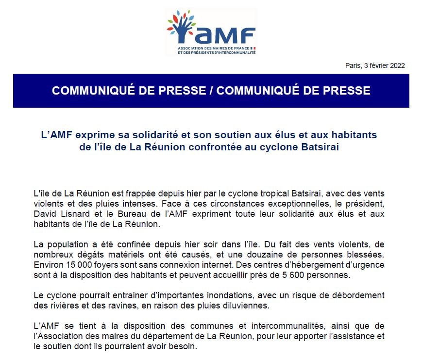 L'AMF exprime sa solidarité et son soutien aux élus et habitants de La Réunion confrontée au cyclone Batsirai — illustration 1