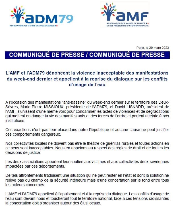 L'AMF et l'ADM79 dénoncent la violence inacceptable des manifestations du week-end dernier et appellent à la reprise du dialogue sur les conflits d’usage de l’eau — illustration 1