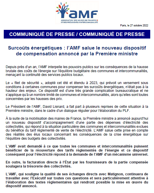 Surcoûts énergétiques : l'AMF salue le nouveau dispositif de compensation annoncé par la Première ministre — illustration 1