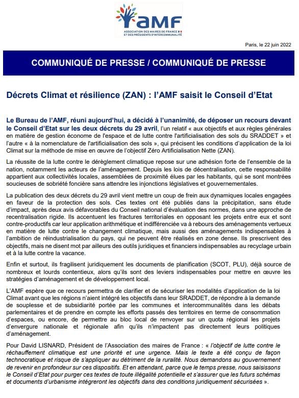Décrets Climat et résilience (ZAN) : l’AMF saisit le Conseil d’Etat — illustration 1