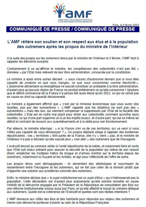 L’AMF réitère son soutien et son respect aux élus et à la population des outremers après les propos du ministre de l’Intérieur — illustration 1