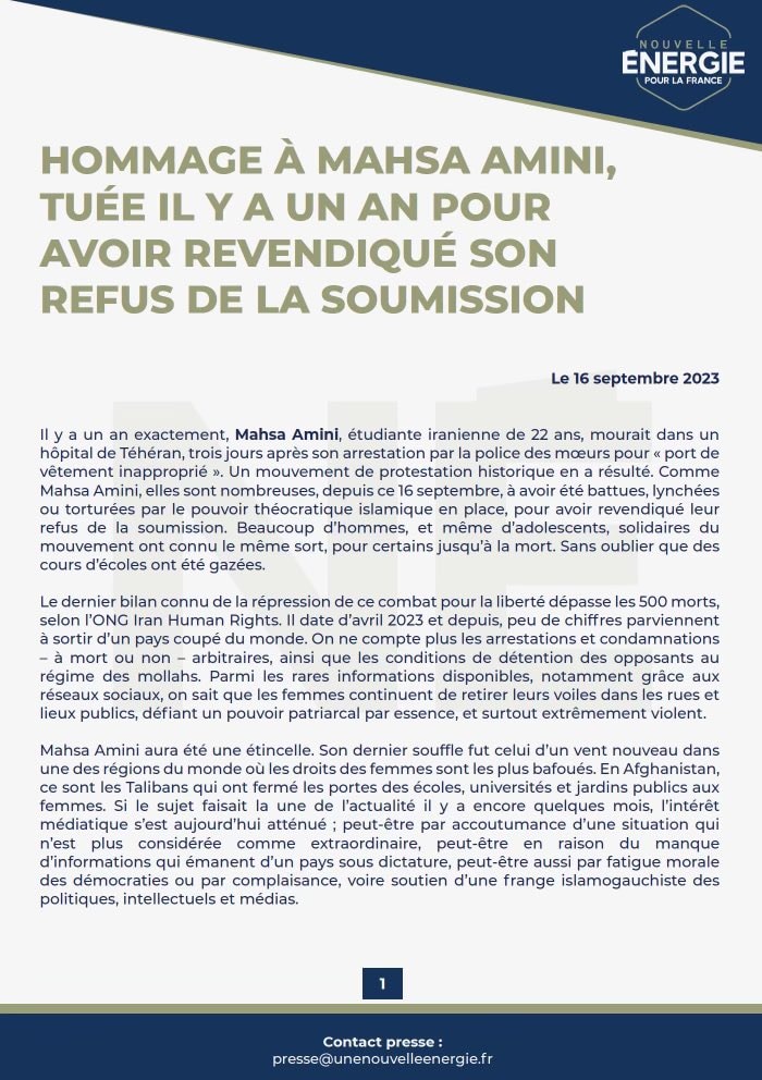 David Lisnard rend hommage à Mahsa Amini, jeune iranienne tuée le 16 septembre 2022 pour avoir revendiqué son refus de la soumission — illustration 1