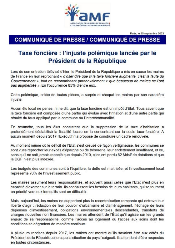 Taxe foncière : l'AMF répond à l'injuste polémique lancée par le président de la République — illustration 1