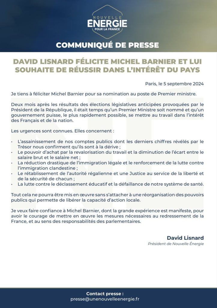 David Lisnard félicite Michel Barnier et lui souhaite de réussir dans l'intérêt du pays — illustration 1