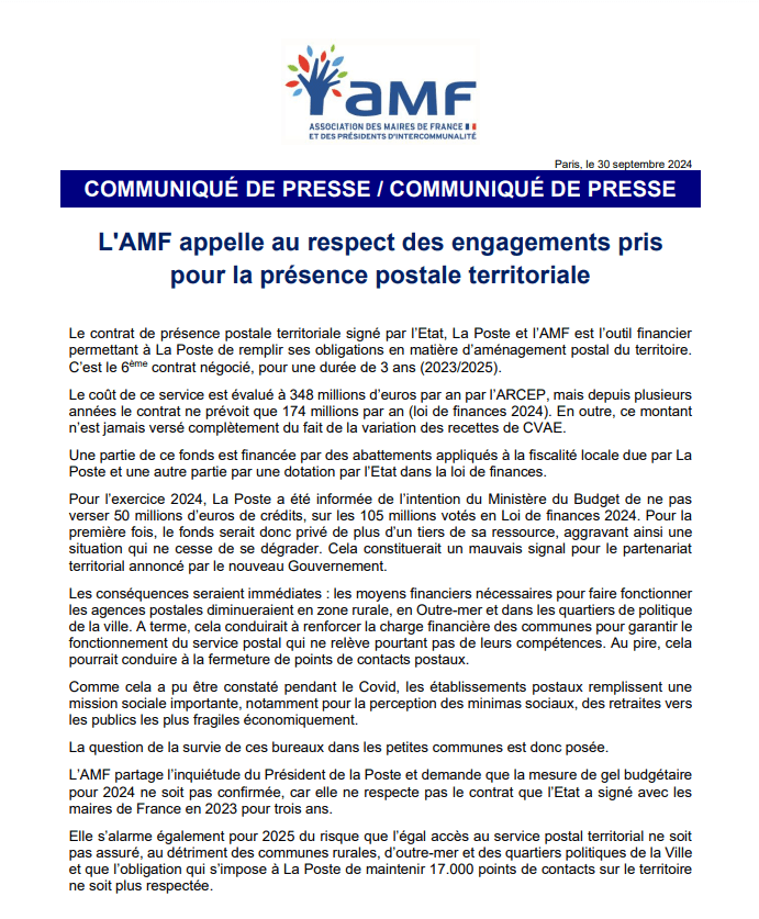 La Poste : l'AMF appelle au respect des engagements pris pour la présence postale territoriale — illustration 1