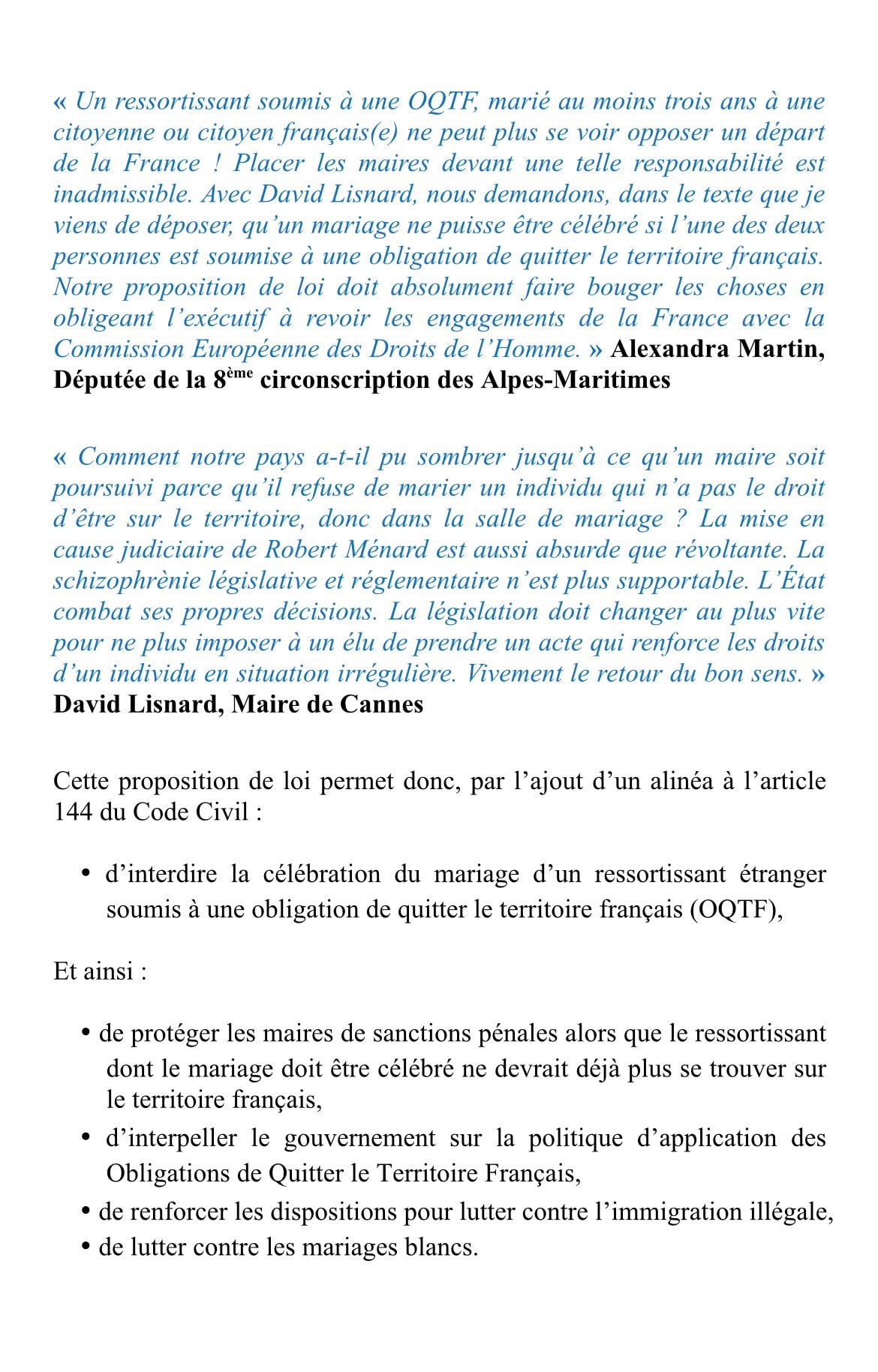 Alexandra Martin et David Lisnard re-déposent un texte pour interdire les célébrations des mariages des ressortissants étrangers soumis à une obligation de quitter le territoire français — illustration 1