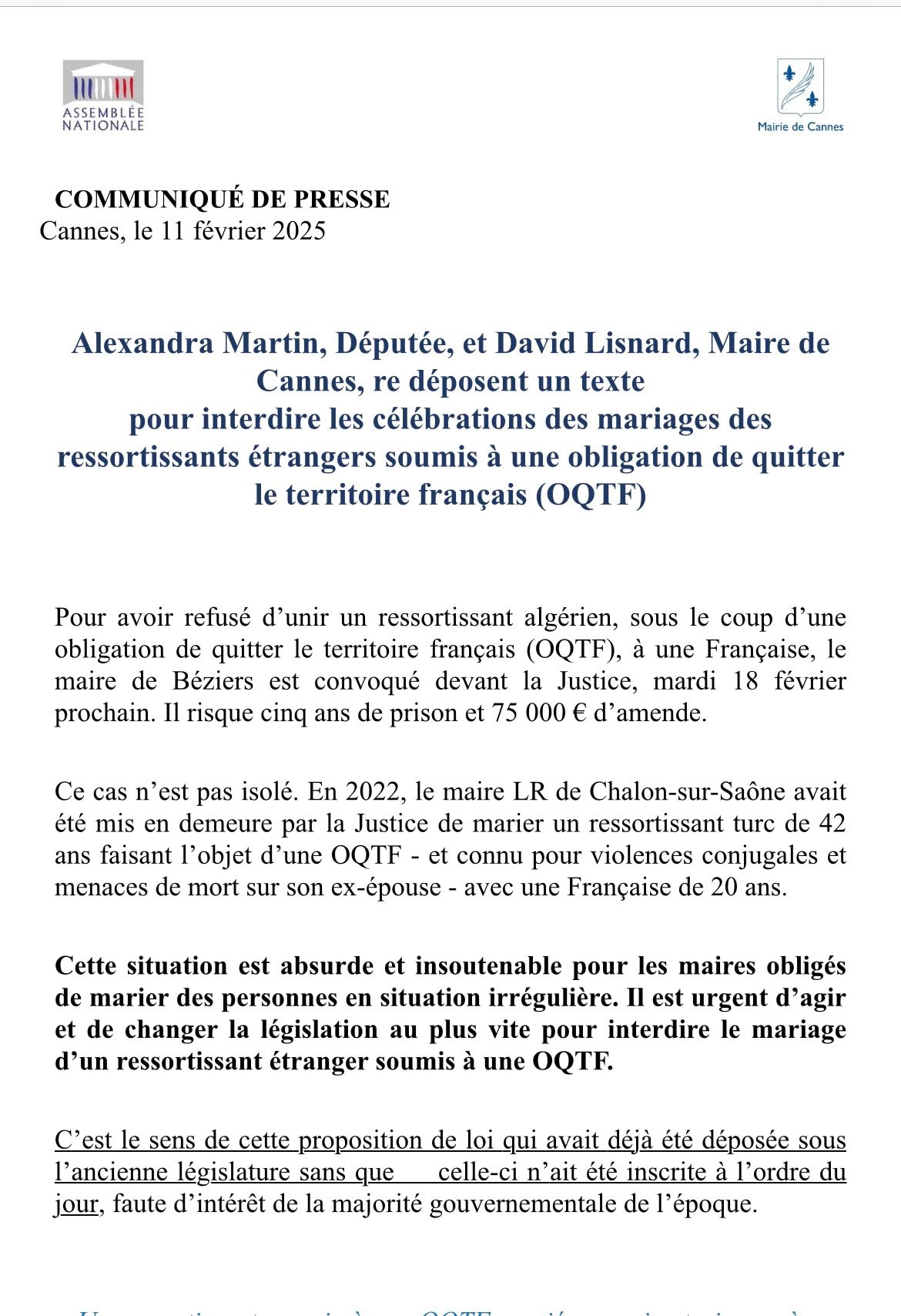 Alexandra Martin et David Lisnard re-déposent un texte pour interdire les célébrations des mariages des ressortissants étrangers soumis à une obligation de quitter le territoire français — illustration 1