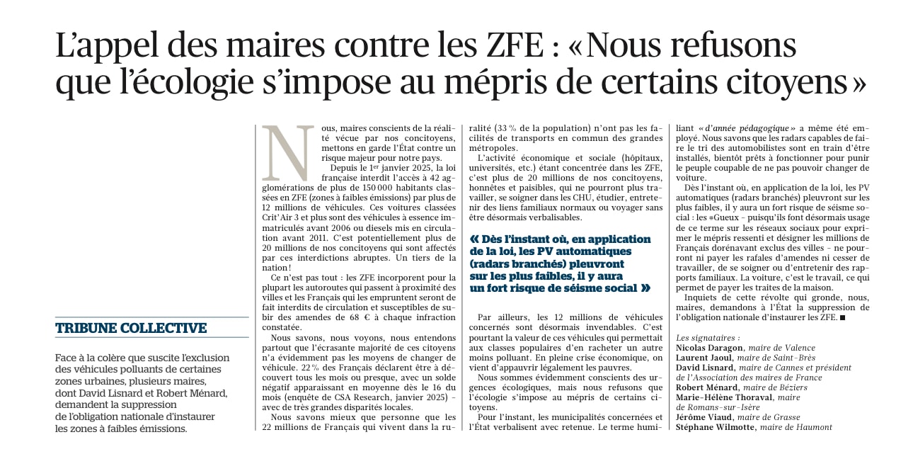 L'appel des maires contre les ZFE : « Nous refusons que l'écologie s'impose au mépris de certains citoyens » — illustration 1