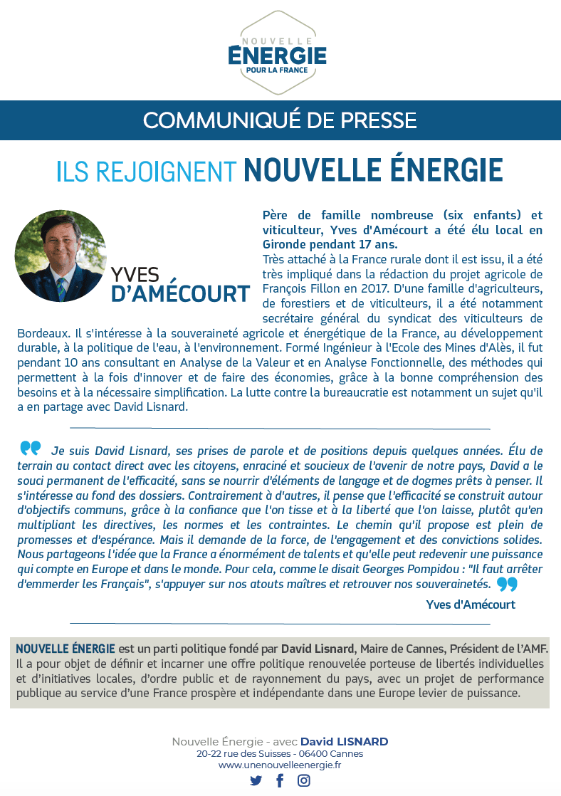 Yves D'Amécourt rejoint Nouvelle Énergie